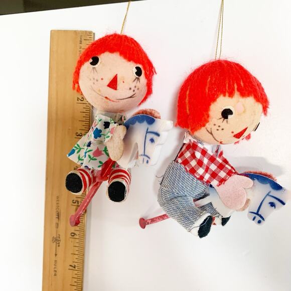 Vtg Raggedy Ann & Andy Riding Hobby Horses Christmas Ornaments Felt Hong Kong - Picture 8 of 9